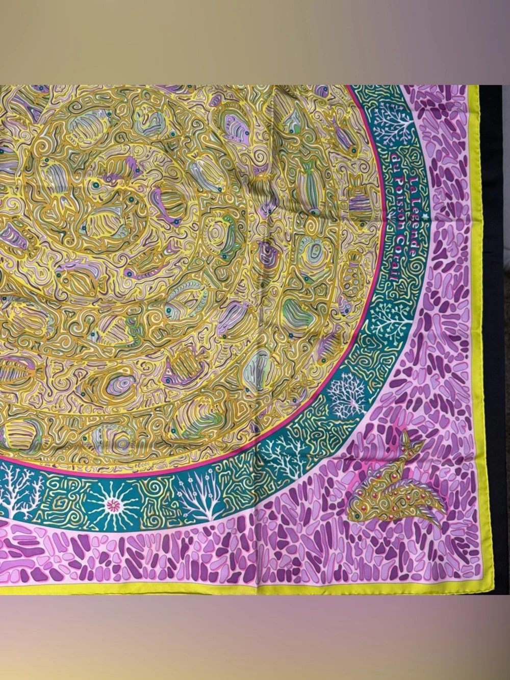 Hermes Silk Scarf Pink Yellow Green Fish La Legende Du Poisson Corail Coral - Picture 2 of 12